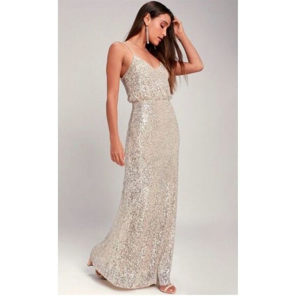 Lulus Silver Sequin Sleeveless Maxi Dress Women's M Formal V-Neck - Picture 1 of 17